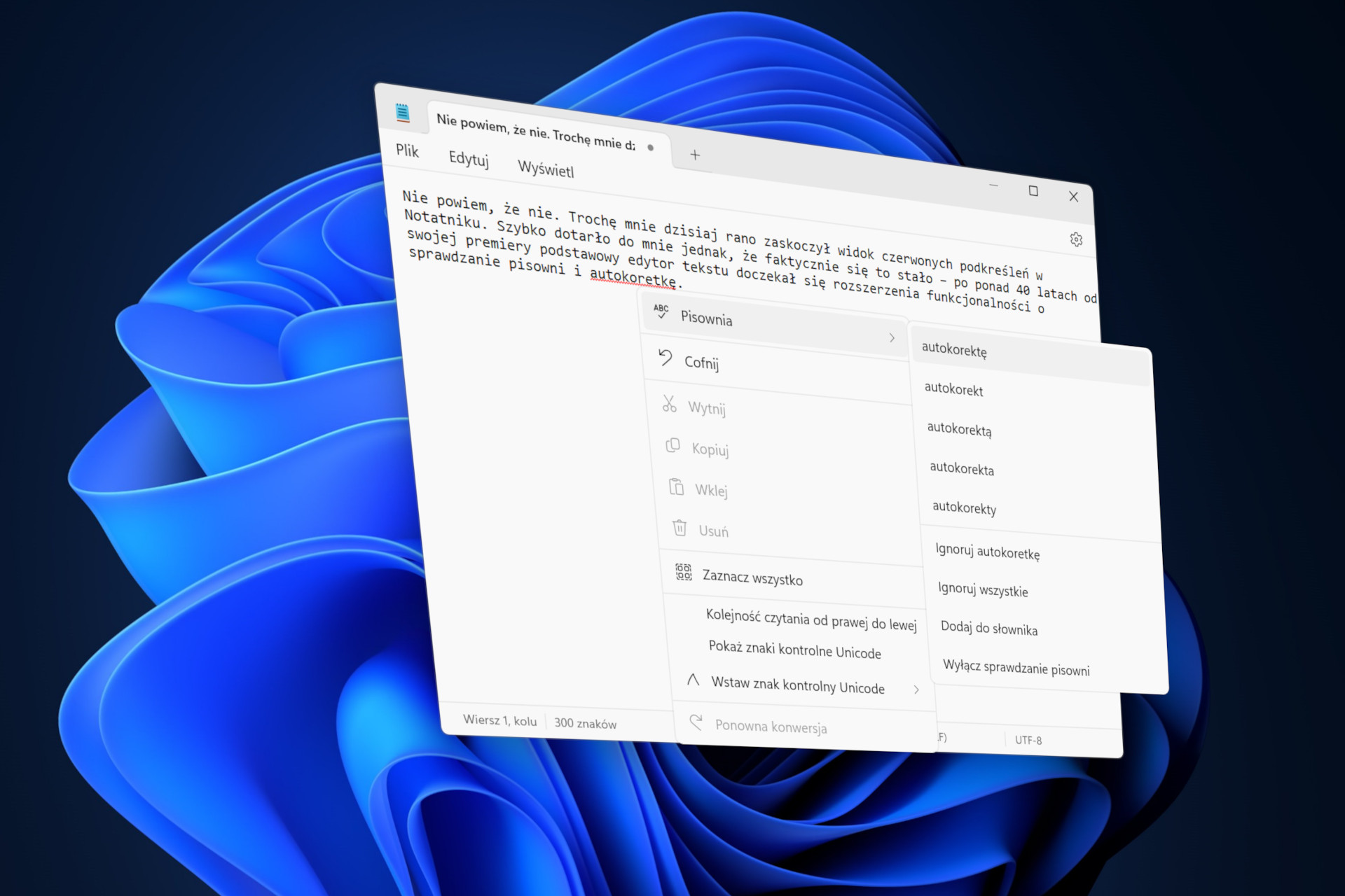 Notatnik Windows 11 sprawdzanie pisowni autokorekta screen