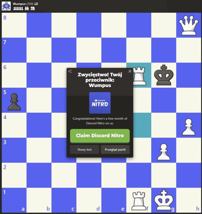 Wygrana z botem Discord w Chess.com