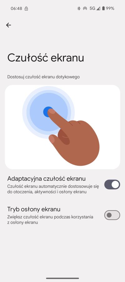 Opcja automatycznej czułości ekranu w Google Pixel 9