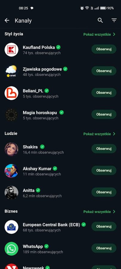 WhatsApp kanały kategorie screen