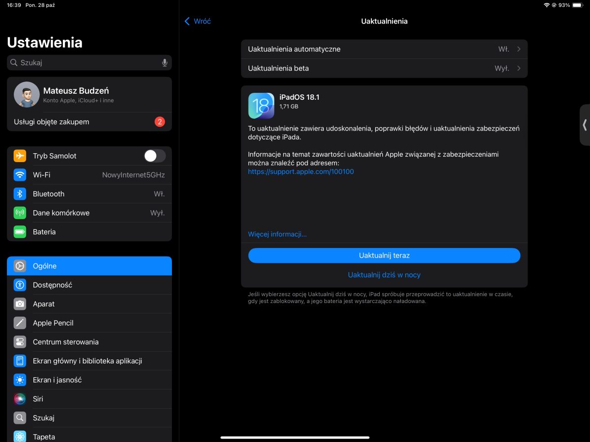 iPadOS 18.1 aktualizacja