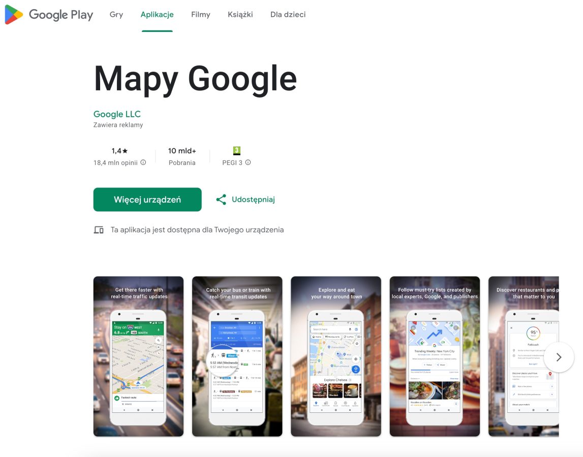 Mapy Google ocena w Google Play